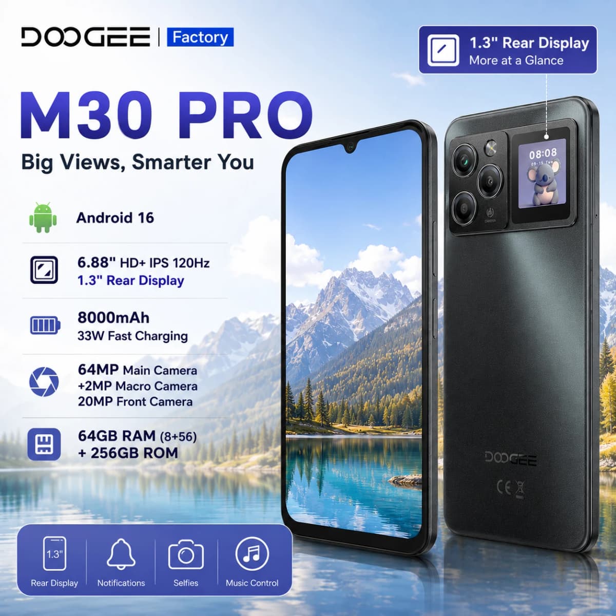 DOOGEE M30 Pro Smartphone Android 16 6.88'' HD+Screen 1.3'' Rear Display Octa Core Mobile Phone 64GB+256GB 8000mAh 64MP 33W NFC
