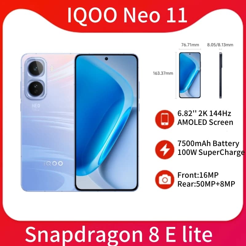 IQOO Neo 11 5G Smart Phone 6.82inch 144Hz AMOLED Screen Snapdragon8 Elite Oriain OS6 IP68 IP69 NFC 7500mAH 100W Charger Google