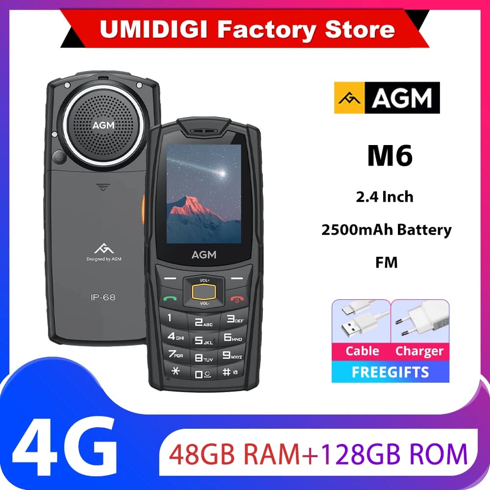 AGM M6 Rugged Phone - Loud 103dB Speaker, 2.4" Screen, 4G Dual SIM, 2500mAh Battery, BT5.1, FM Radio, IP68/IP69K-Senior-Friendly