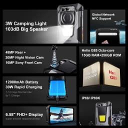 FOSSiBOT [F106 Pro] Rugged Smartphone 15GB(8+7) RAM 256GB ROM 12000mAh 6.58”FHD Android 14 Loud Speaker Cellphone Camping Light