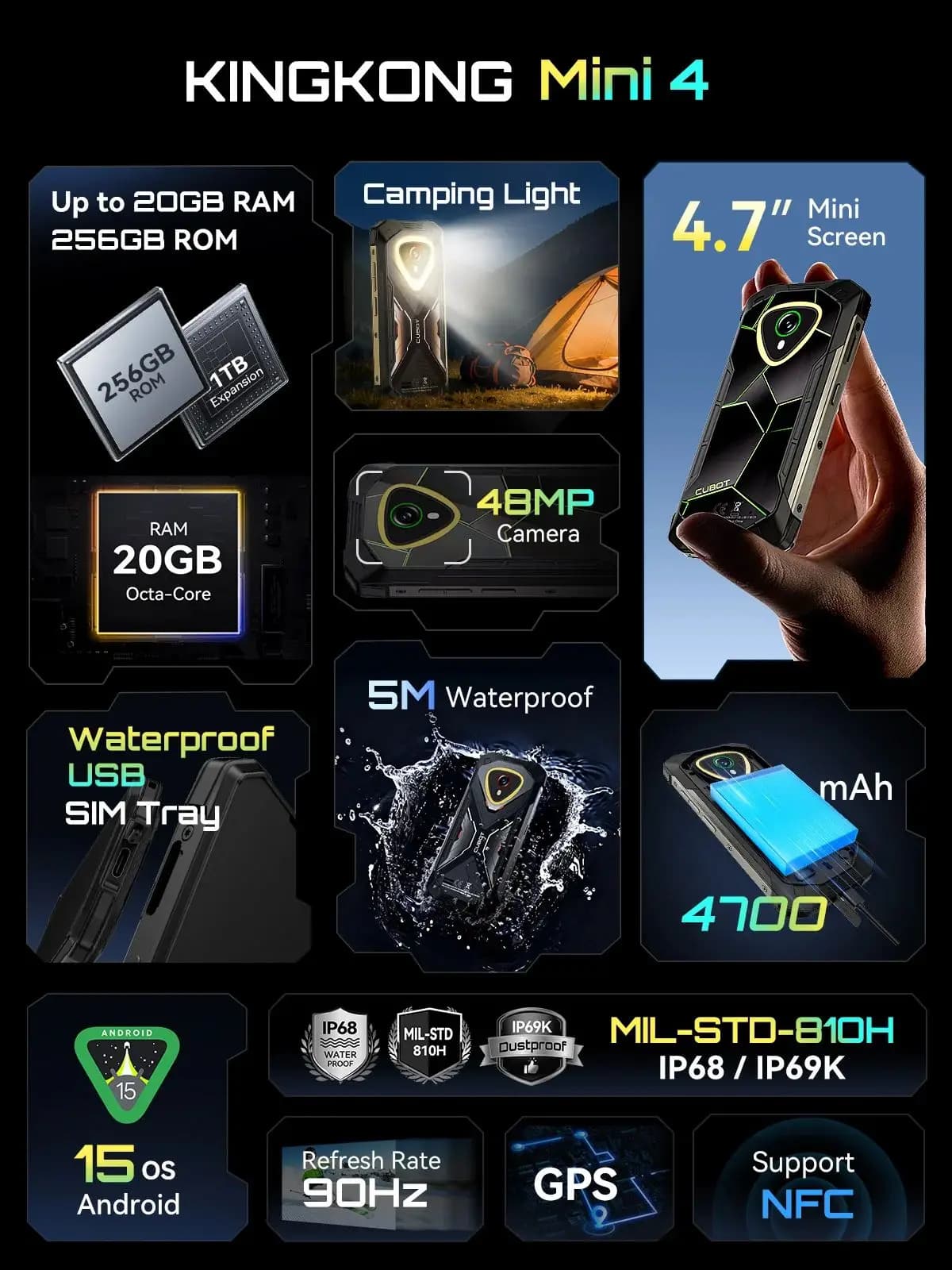 Cubot KingKong MINI 4 NFC Rugged Smartphone Android 15 Up to 20GB RAM+256GB ROM 4.7 Inch Mini Phone 4700mAh 48MP Small Cellphone