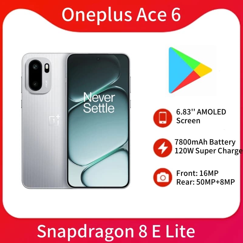 Unlocked Oneplus Ace 6 5G Smart Phone 6.83‘’ AMOLED Screen 7800mAh Battery 120W Super Charge 50MP Main Camera NFC Google Play