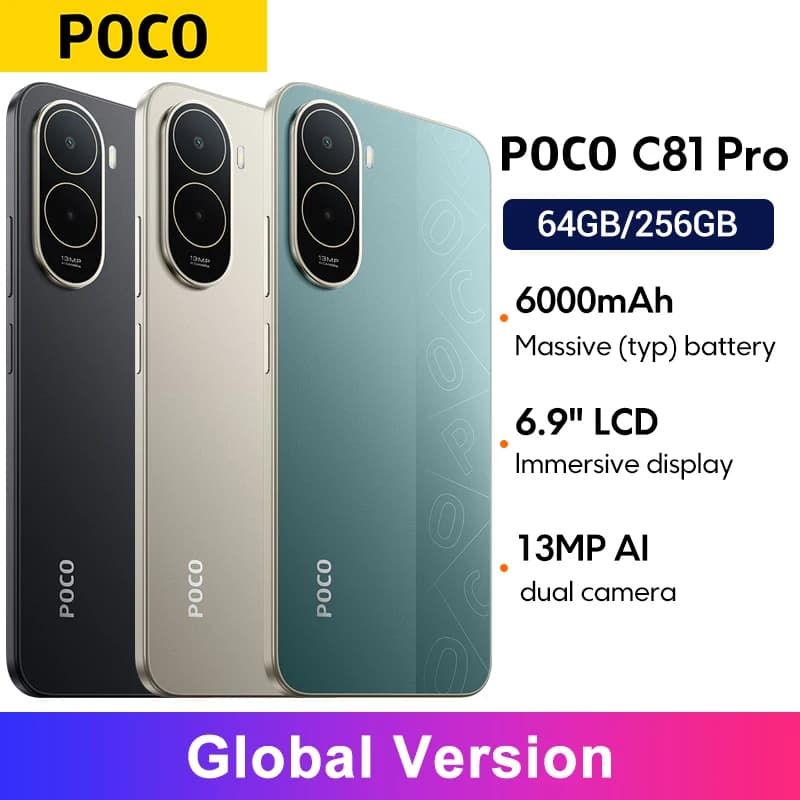 Global Version POCO C81 Pro smartphone UNISOC T7250 processor 6.9" LCD display 13MP main camera 6000mAh 3.5mm headphone