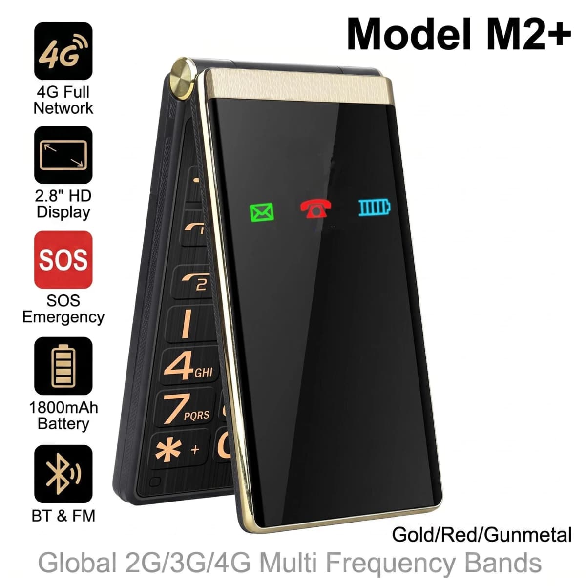 YEEMI M2+ LTE 4G Flip Mobile Phone 1800mAh 2.8'' Screen Big Button Loud Speaker GSM 2G CellPhone Free Leather Bag Flashlight
