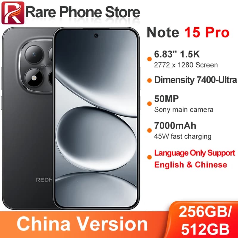 China Version Xiaomi Redmi Note 15 Pro 256GB/512GB Dimensity 7400-Ultra 50MP+20MP Camera 45W 7000mAh Battery 6.83" 1.5K Display