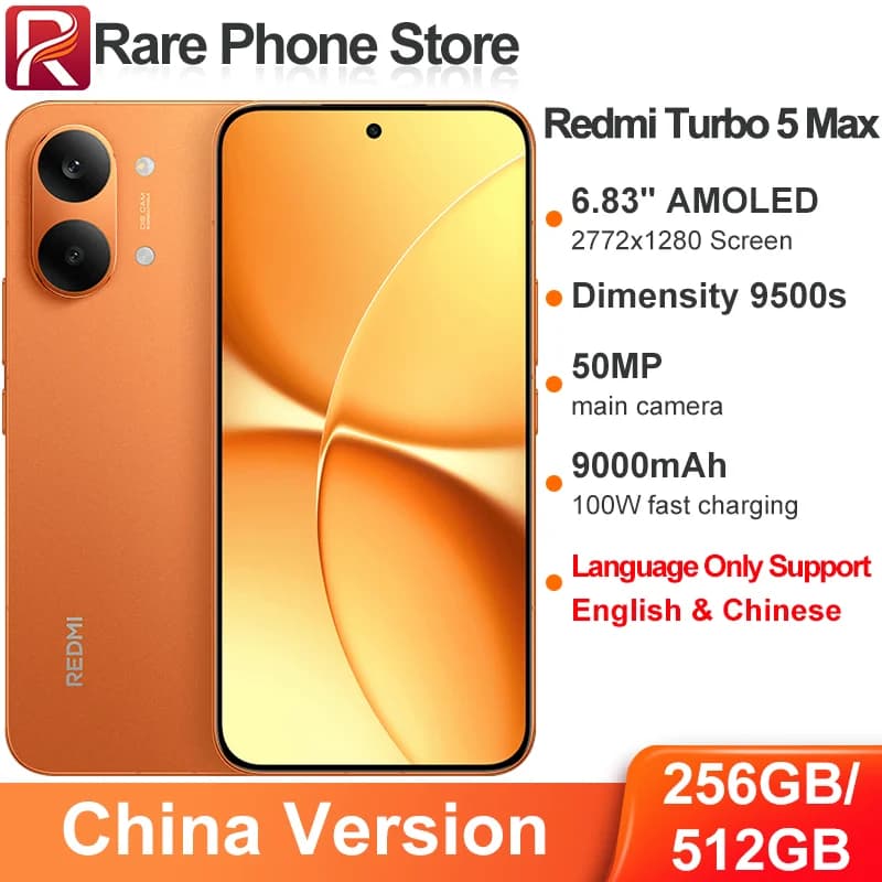 China Version Redmi Turbo 5 Max 512GB/256GB 50MP+20MP Camera 6.83 inch AMOLED Screen Dimensity 9500s 9000mAh Battery 100W