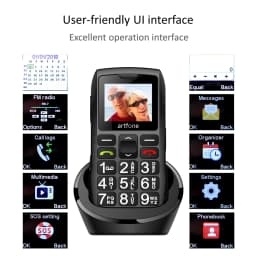 Artfone C1+ Bar Senior Mobile Phone With Free Charging Dock Big Rubber Keypad For Elderly Dual Sim One Key SOS FM 1400mAh