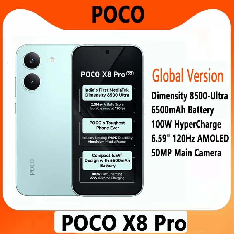 Global Version POCO X8 Pro 5G 120Hz Ultra-Bright AMOLED DisplaySmartphone 1.5K Dimensity 8500-Ultra NFC 50MP