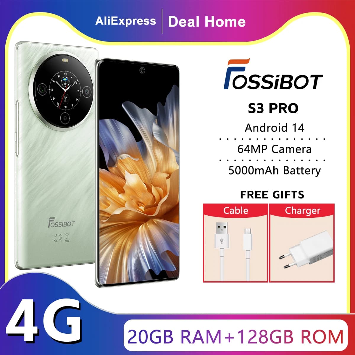 FOSSiBOT S3 PRO Smartphone 6.67" AMOLED Display Android 14 Up to 20+128GB Mobile 8+64MP CAM NFC Cell Phone