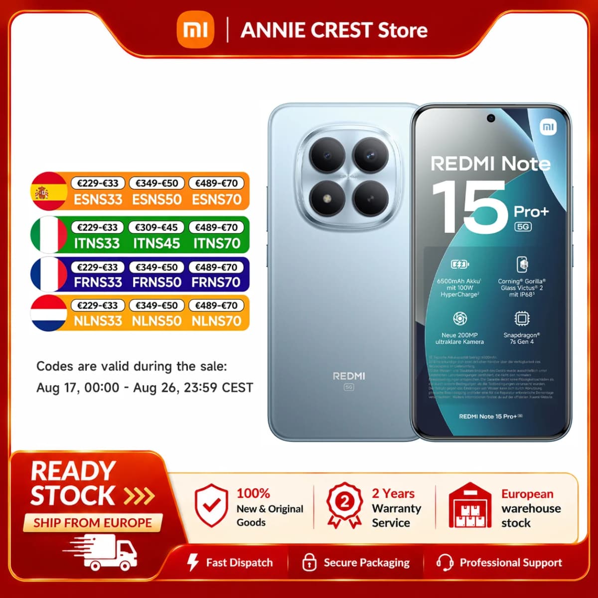 Xiaomi Redmi Note 15 Pro Plus 5g Smartphone 6.83" Crystalres Amoled Display Nfc 6500 Mah Battery 200Mp Main Camera Xiaomi Hyperos 2 Octa Core up to 2.7Ghz
