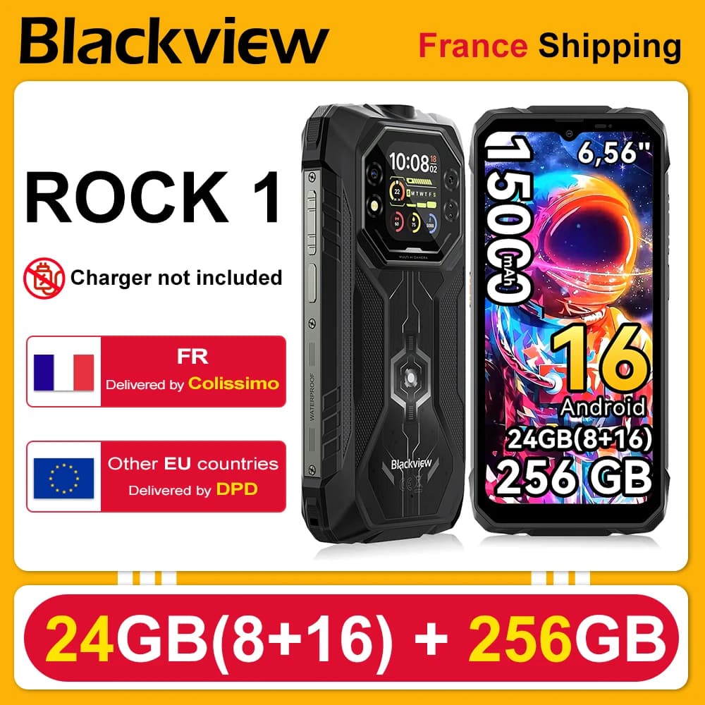 Blackview ROCK 1 [Charger not included for EU] Rugged Smartphone Android 16 24GB(8+16GB) RAM 256GB ROM 6.56'' 90Hz 15000mAh 33W