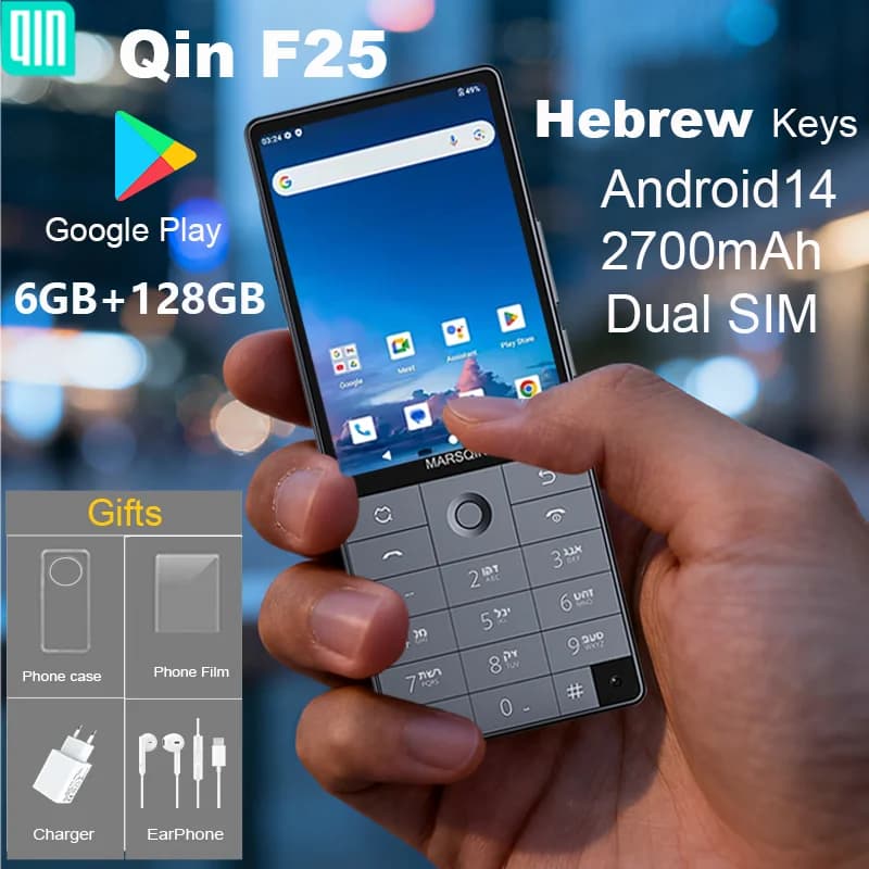 Qin f25,מקלדת עברית,Google Support,אנדרואיד 14, 6GB+128GB, סים כפול, Wi-Fi, בלוטות'