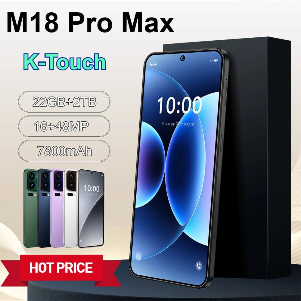 K-Touch Hot Smartphone 5G For M18 Pro Max Mobile Phones 22G+2TB Cheap Cell Phone Android Unlocked 7800mAh Battery 5G Dual Sim Card 48MP+16MP 7.3 Inch HD Full Display Face Recognition Android 15 Cell Phone