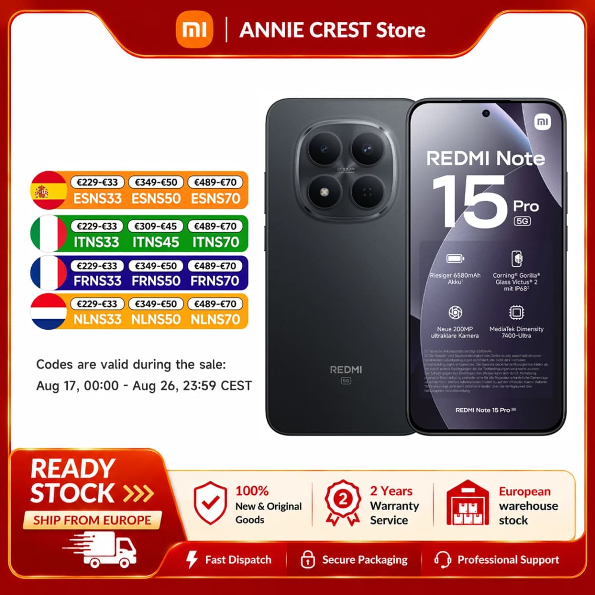 Xiaomi Redmi Note 15 Pro 5g, Smartphone 6580Mah Battery, Ip66/Ip68, 200Mp Camera, 6.83" 1.5K Amoled Display, Black and Blue, 2 Year Warranty, 100% Authentic & Brand New