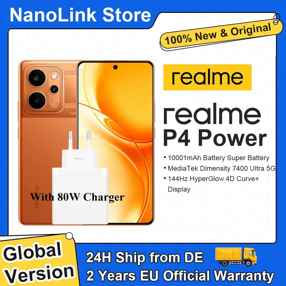 realme P4 Power 5G Smartphone 10001mAh Battery 80W Ultra Fast Charge MediaTek Dimensity 7400 Ultra 5G 6.8'' 144Hz Screen NFC 2026 Nest Mobile Phone Big Battery