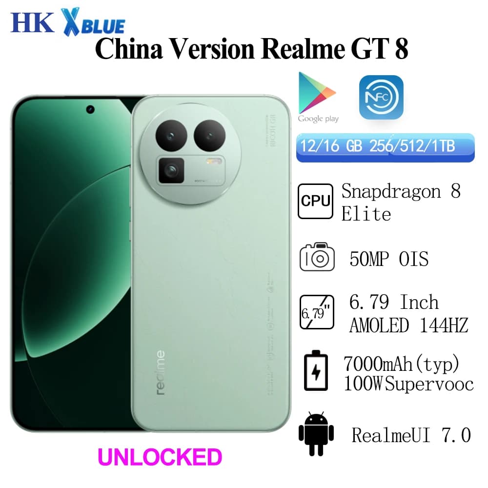 Realme GT 8 Unlocked Snapdragon 8 Elite NFC OTA 7000 mAh 100W Supercharge 6.79 Inch AMOLED 144Hz Rear Camera 50MP