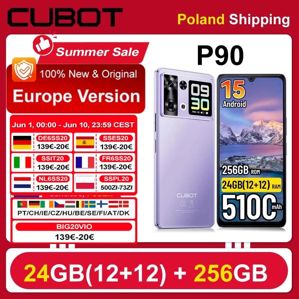 [Shipping From Poland] Cubot P90 Smartphone 5100mAh Android 15 24(12+12)GB + 256GB 6.88" 120Hz 64MP Mobile Phone NFC Fingerprint