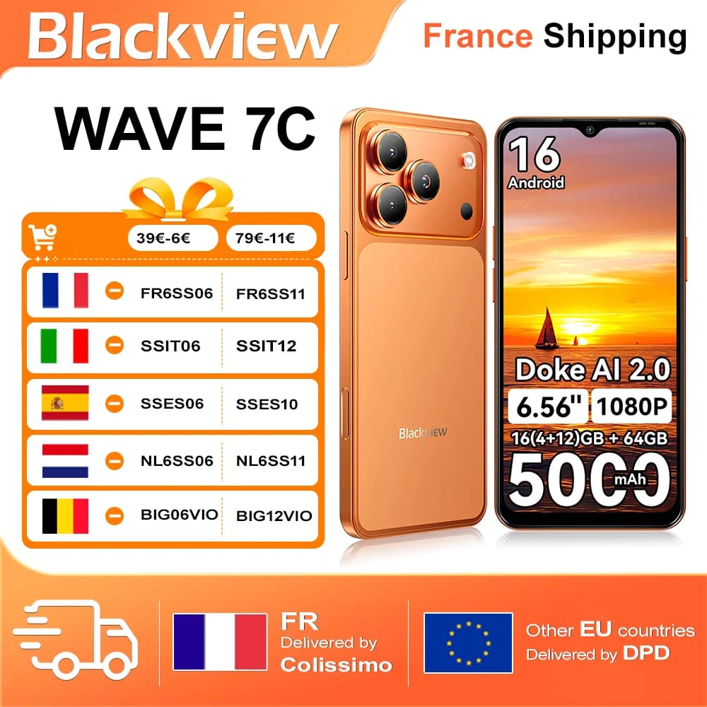Blackview WAVE 7C Smartphone 16(4+12)GB+64GB 6.56-inch HD+5000mAh Android 16 Doke AI 2.0 1080P Video (Free TPU Protective Case)