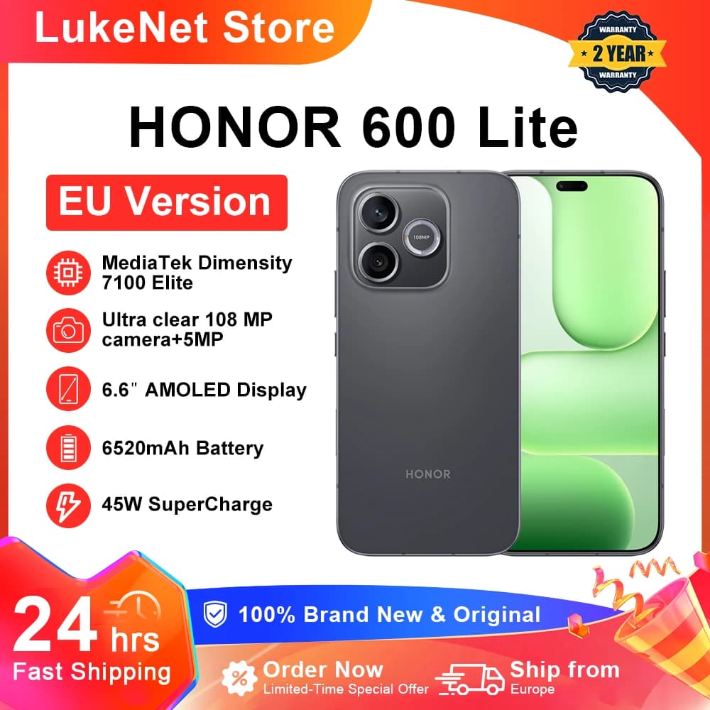 HONOR 600 Lite 5G Smartphone EU Version MediaTek Dimensity 7100 Elite 6.6"120Hz AMOLED Display 6520mAh 45W SuperCharge 108MP