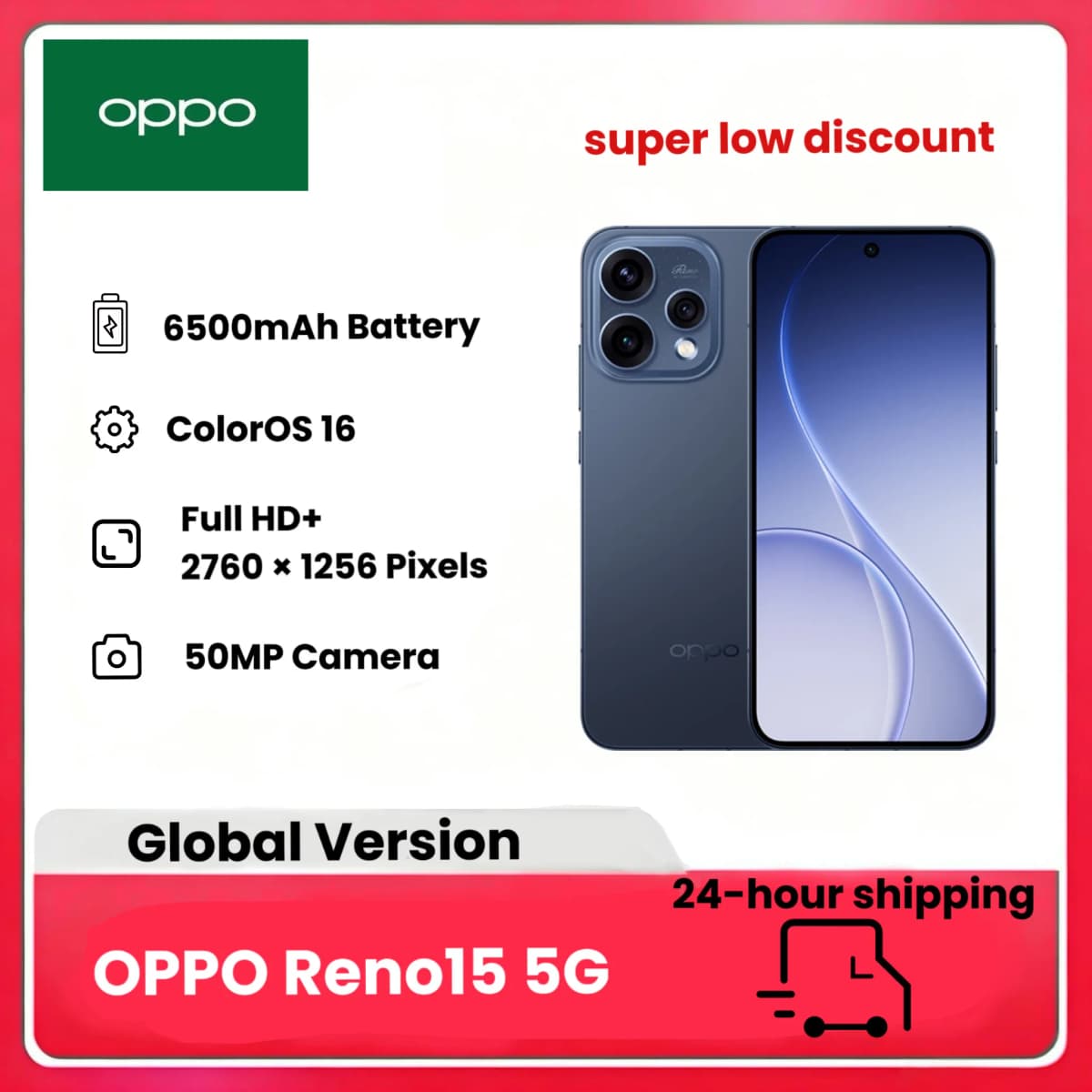 OPPO Reno15 5G Smartphone Android, 8+512GB, Pantalla 6.59" 120Hz, 50MP Ultra Wide Selfie Camera 3.5x Telephoto Vibe Portrait | ColorOS 16, AI Portrait Glow, Bater ía 6500mAh, IP69,exclude charger