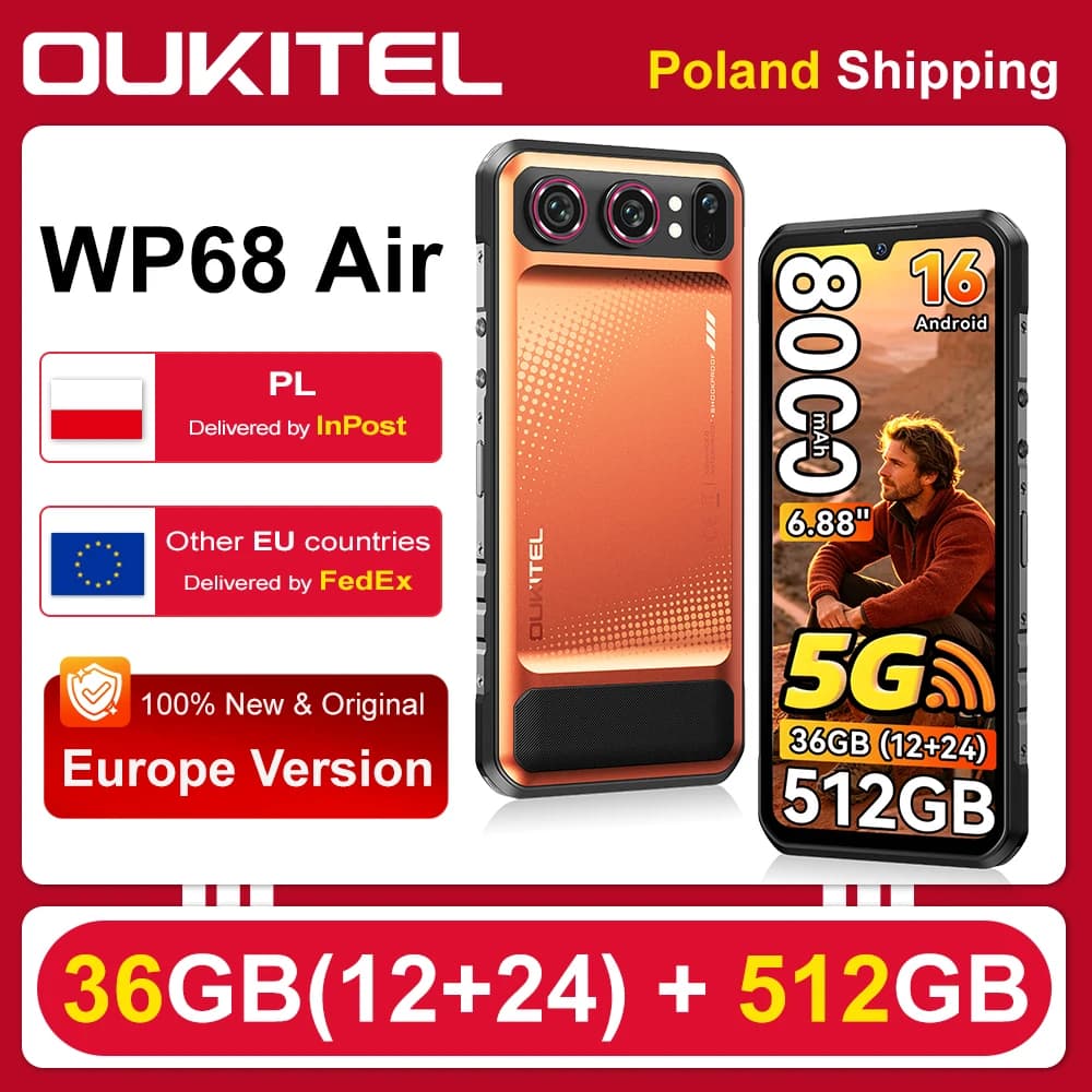[Shipping From Poland] OUKITEL WP68 Air 5G Rugged Smartphone 36GB(12+24) RAM 512GB ROM 8000mAh Battery 45W Fast Charging 6.88" 120Hz Display Dimensity 7025 Android 16.0 64MP Camera NFC