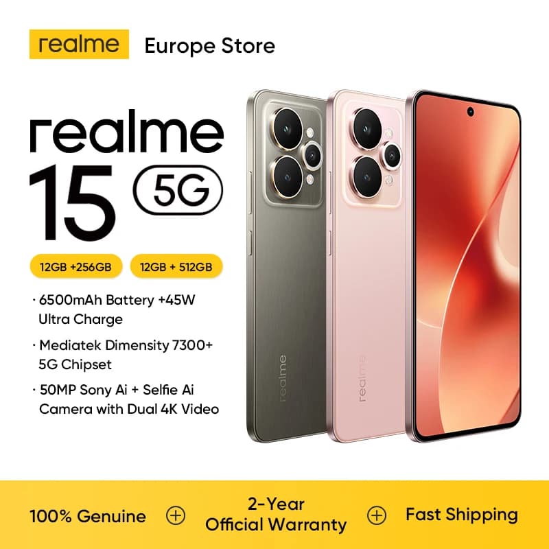 realme 15 5G Smartphone 6500mAh 45W Processor 6.77"144Hz AMOLED Display NFC Dimensity 7300+
