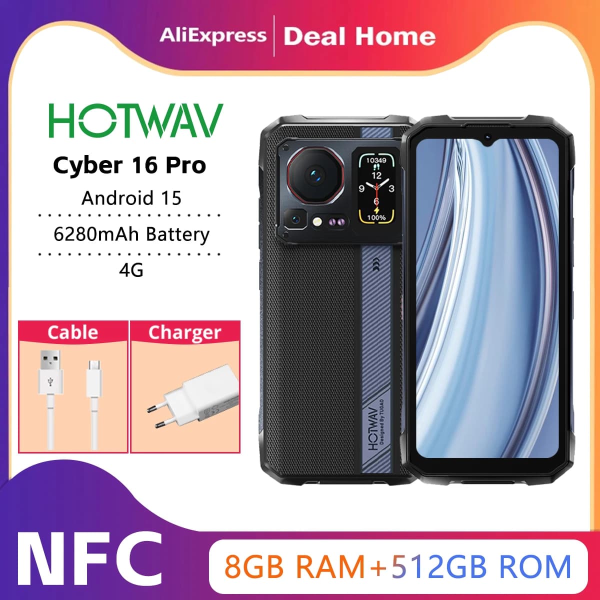 HOTWAV Cyber 16 Pro Rugged Phone G100 108MP Mobile Phone 6.6'' FHD Display 8GB 512GB 6280mAh 33W Smartphone Android 15 Cellphone