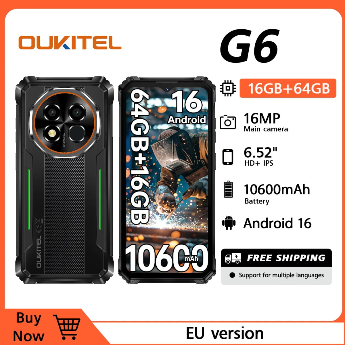 OUKITEL G6 Rugged Smartphone Unlocked -16GB+64GB/1TB TF 6.52” HD Display IP68/IP69K Rugged Android16 Phone, 10600mAh Battery 16MP NFC Dual SIM 90Hz Mobile Phone Rugged Phone