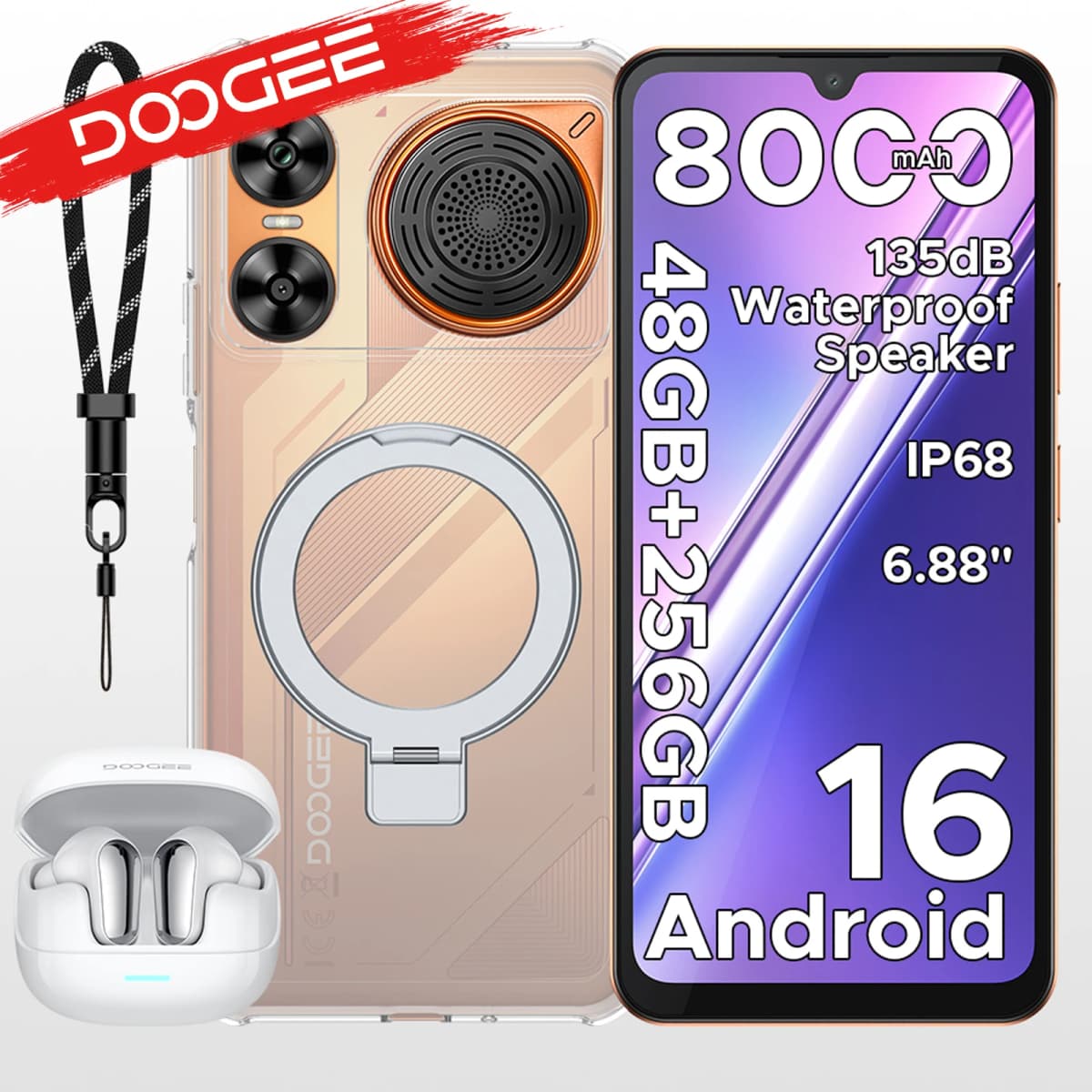 DOOGEE M30 Ai Smartphone 6.88" IP68 Waterproof Android 16 8000mAh Battery 48GB RAM (6+42) 256GB ROM 64MP Camera Widevine L1 Google Pay Supports with 135dB Large Amplitude Speaker
