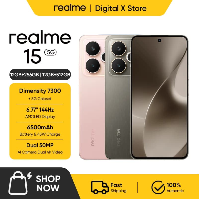 realme 15 5G Smartphone MediaTek Dimensity 7300+ 5G Chipset 6500mAh Titan Battery 45W Ultra Charge NFC