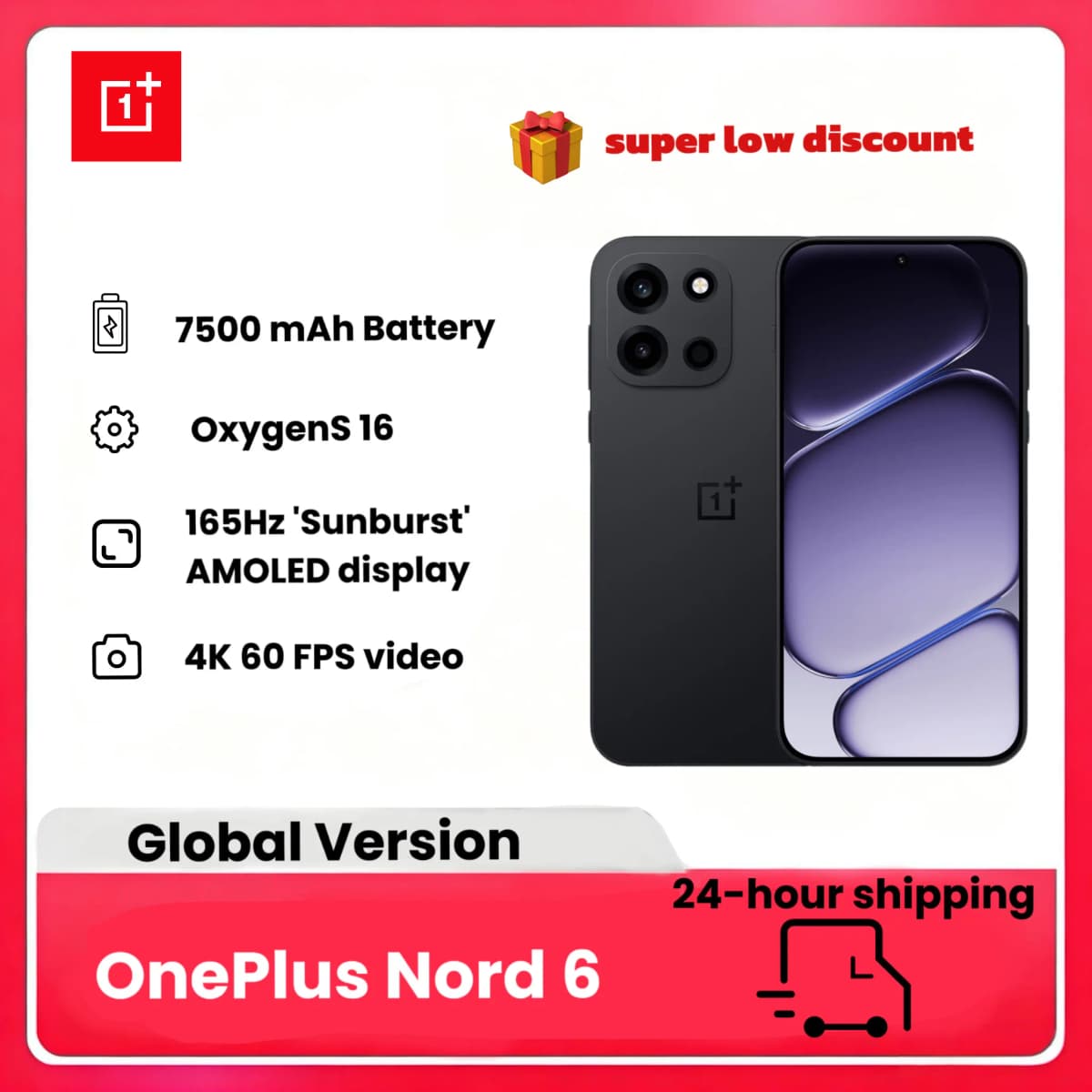 2026 NEW smartphone OnePlus Nord 6 Smartphone, Global Edition,12+512GB,7500mAh Battery,Snapdragon 8 Series,165Hz , 50MP Camera,Without Charger
