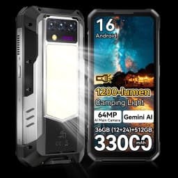 OUKITEL WP100 Plus Rugged Phone 36GB (12+24)+512GB 6.8'120Hz Screen 33000mAh 66W Fast Charge 18W Reverse Charging 1200‑lumen Camping Light 64MP Camera MediaTek Helio G100 Gemini AI NFC ESIM Android16 Outdoor Smartphone