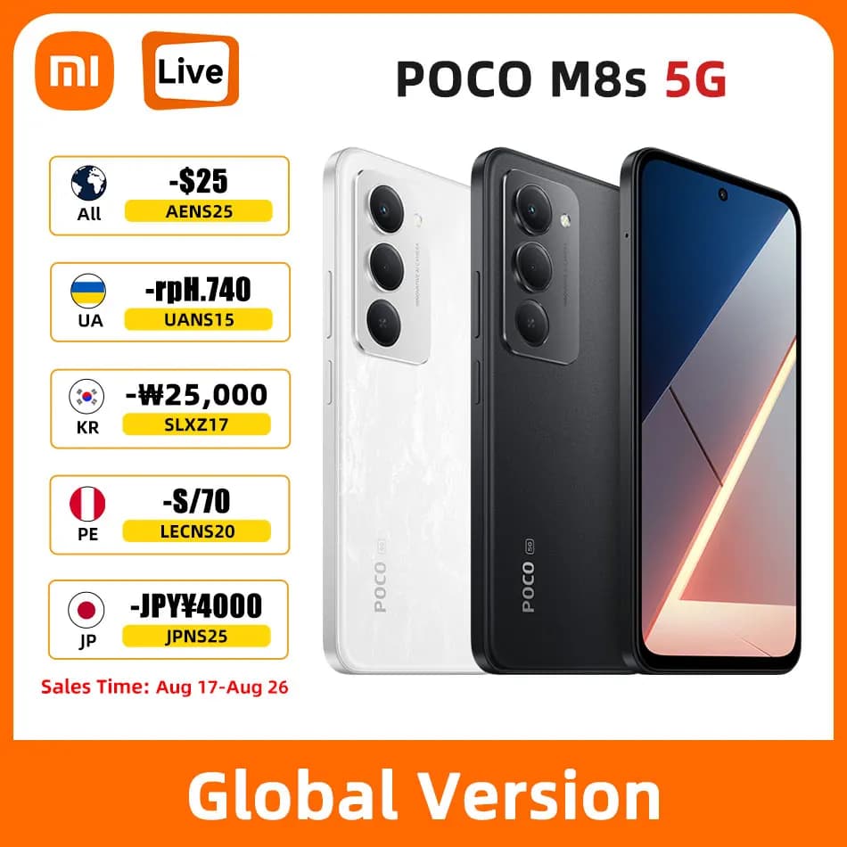 POCO M8s 5G Smartphone Global Version Snapdragon 6s Gen 3 6.9" 144Hz DotDisplay 50MP 7000mAh 33W Fast Chargin NFC