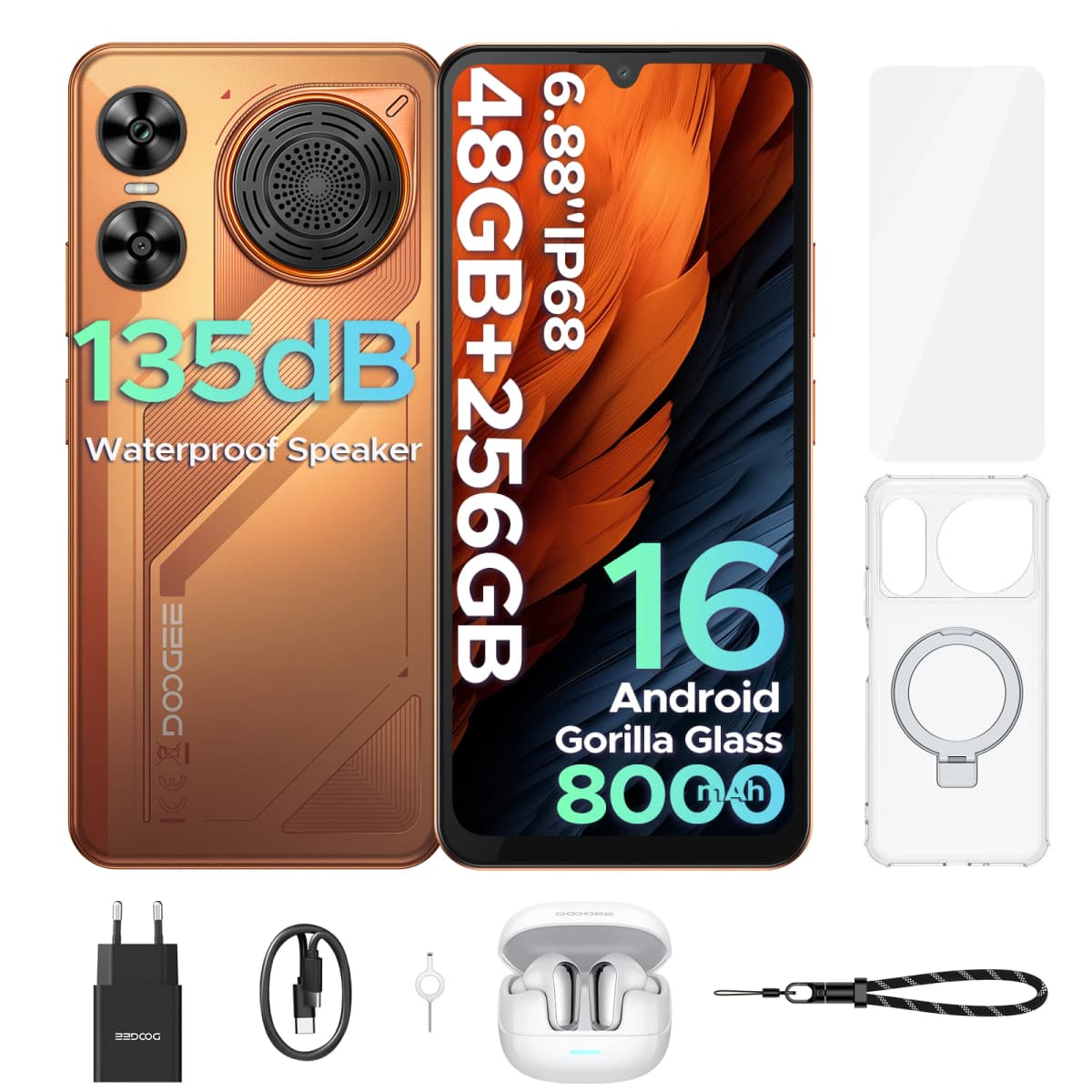 DOOGEE M30 VIP Edition Ai Smartphone IP68 Waterproof 8000mAh Battery 48GB RAM (6+42) 256GB ROM Android 16 64MP Camera Widevine L1 Google Pay Supports with 135dB Large Amplitude Speaker 6.88" Cellphone VIP Edition With Earbud