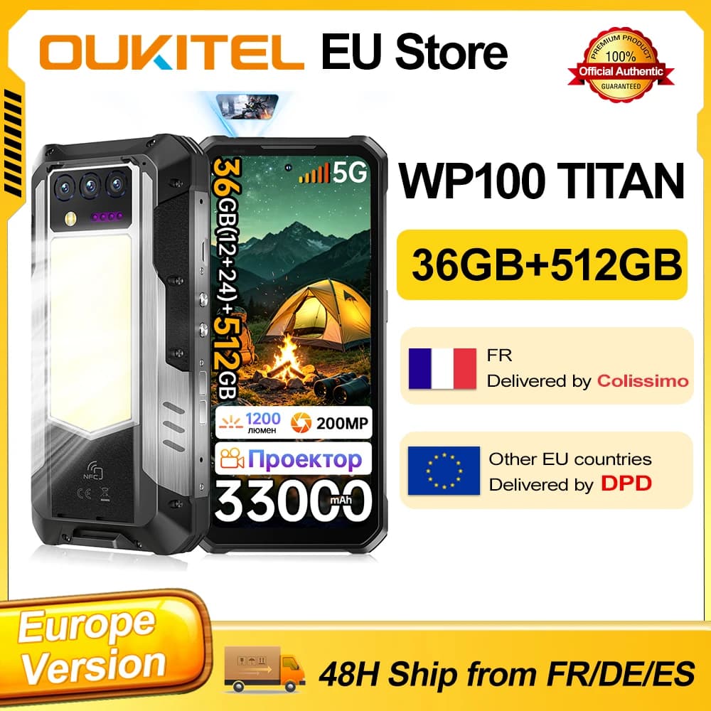 OUKITEL WP100 TITAN Android 14 33000mAh 66W 36GB(12+ 24) 512GB Rugged Smartphone 200MP laser projector Camping Light 6.8'' 120Hz