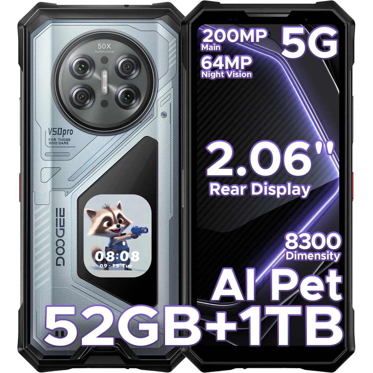 DOOGEE V50 Pro 5G AI Rugged Smart Phone Dimensity 8300 52GB RAM(16+36) 1TB ROM with 2.06" AMOLED Multi-function Rear Display 200MP Camera 64MP Night Vision Camera 6.78" Android 16 Supports Walkie Talkie AI Pets Function