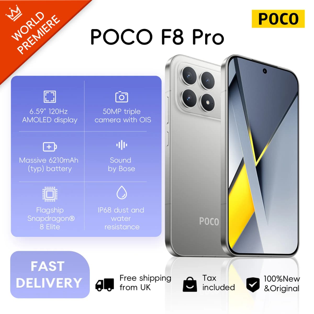 POCO F8 Pro 5G, 12+512GB Global Version, Dual ESIM 6.59' 120Hz Eye-care AMOLED Display 3nm Flagship Snapdragon® 8 Elite 50MP 6210mAh 100W NFC