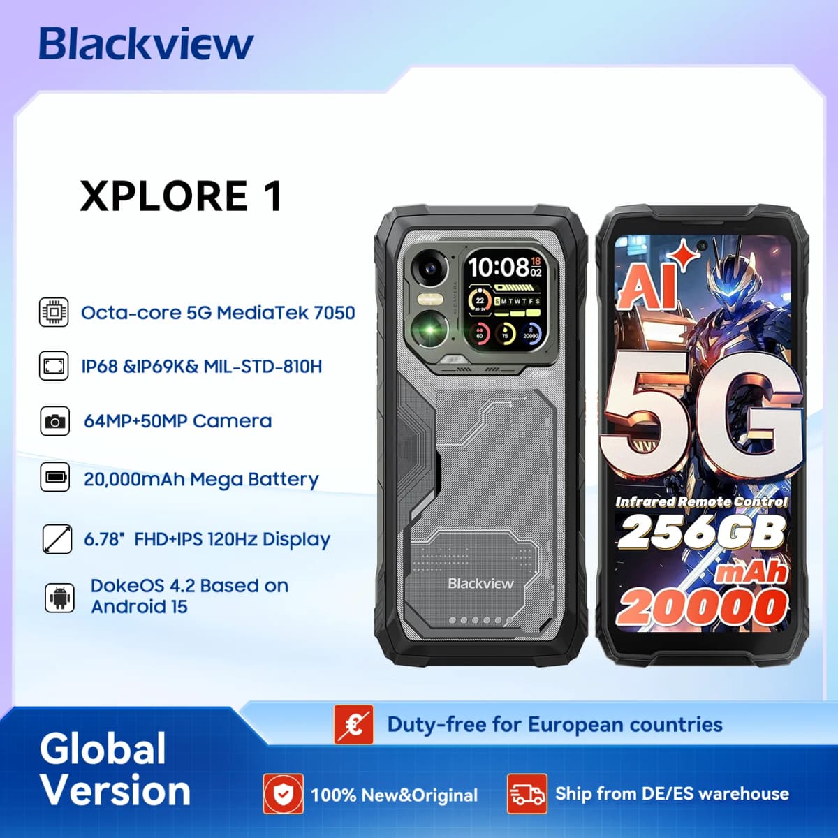 Blackview XPLORE 1 Rugged Smartphone, 5G Waterproof Outdoor Smartphone Android 15, 6.78'' 2.4K Display, 256GB/512GB, 20000mAh