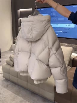 Women's Short Hooded down Cotton Jacket Mili Grey Thick Warm Bread Style Outerwear Korean Style Loose Fit Long Sleeve Coat