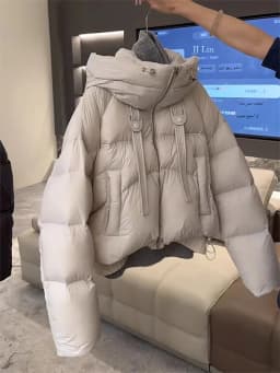 Women's Short Hooded down Cotton Jacket Mili Grey Thick Warm Bread Style Outerwear Korean Style Loose Fit Long Sleeve Coat