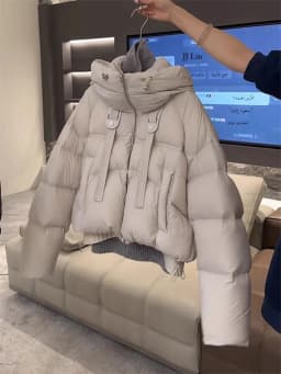 Women's Short Hooded down Cotton Jacket Mili Grey Thick Warm Bread Style Outerwear Korean Style Loose Fit Long Sleeve Coat