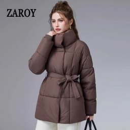ZAROY Women Winter Belted Jacket Elegant Stand Collar Windproof Puffer Coat Cotton Padded Thick Warm Snow Parkas Overcoat куртка