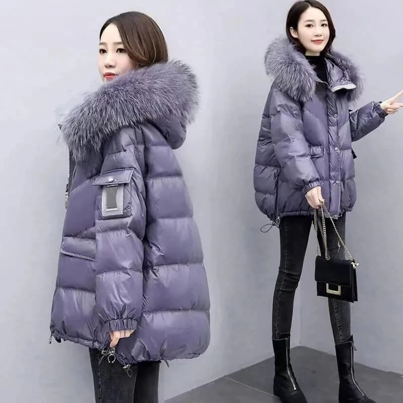 2026 Winter New Warm Down Cotton Jacket With Large Fur Collar Hooded Coat Loose Women Thicken Parker Puffer Overcoat Casual Wear