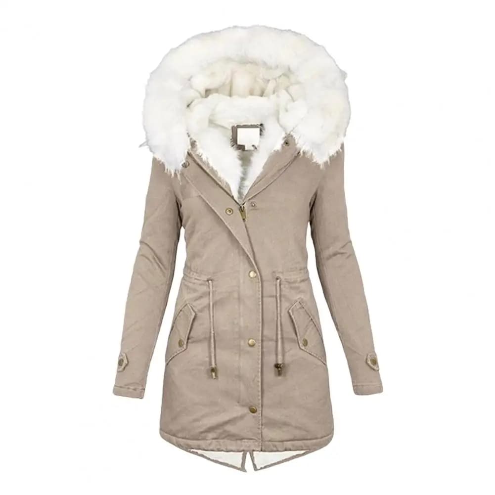 Thicken Women Winter Cotton Coat Faux Fur Hood Fleece Zip-up Button Jacket Windproof Mid Length Slim Outerwear