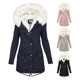 Thicken Women Winter Cotton Coat Faux Fur Hood Fleece Zip-up Button Jacket Windproof Mid Length Slim Outerwear