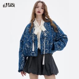 ELFSACK Women's Retro Gothic Winter Coat, Loose V-Neck Short Plush Coat with Blue Silver Embroidery Vintage Patterns