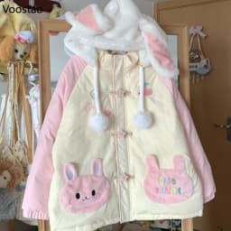 Kawaii Winter Cartoon Embroidery Lolita Parkas Women Y2k Cute Bear Ears Hooded Jacket Casual Zippers Loose Harajuku Padded Coat