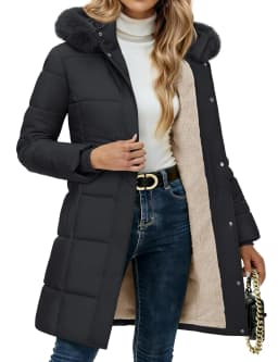 TACVASEN Womens Sherpa Lined Winter Parka Water-Resistant Windproof Mid-Length Quilted Puffer Coat with Detachable Faux Fur Hood