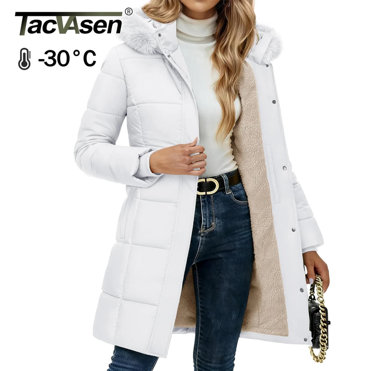 TACVASEN Womens Sherpa Lined Winter Parka Water-Resistant Windproof Mid-Length Quilted Puffer Coat with Detachable Faux Fur Hood