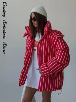 Fashion Stripe Warm Women's Padded Jacket Hooded Stand Neck Zip-up Puffy Winter Coats Lady New Fashion Daily Casual Outwear 2026